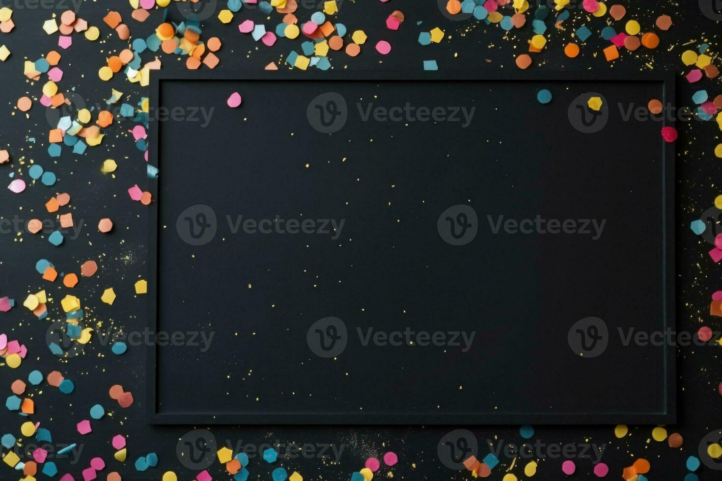 Black board, decorations and confetti on black background. AI generated photo