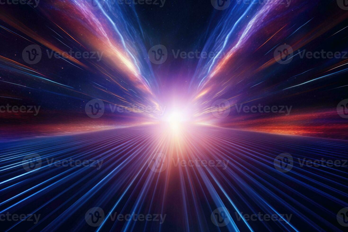 Creative cosmic hyper jump into another galaxy. Neon glowing rays in motion. Space travel concept. Generative AI photo