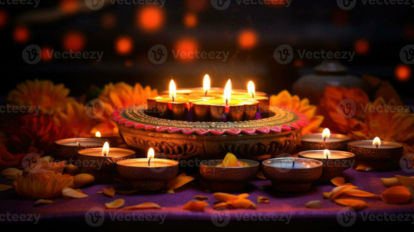 Colorful traditional oil lamps diya lit during diwali celebration. Hindu festival of lights celebration. AI generated photo