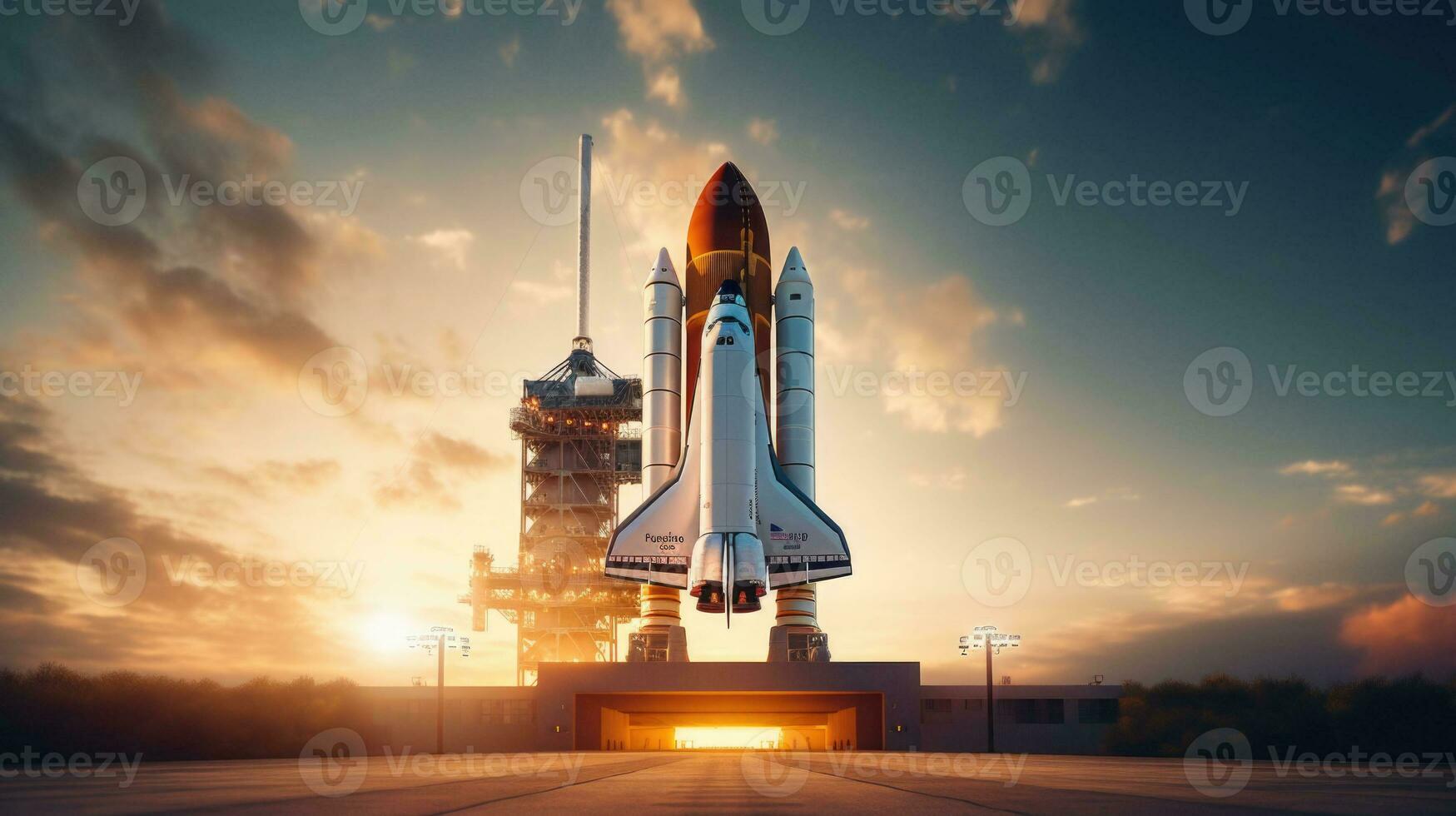 Rocket is standing on launch pad. Spaceship taking off on a mission. AI generated photo