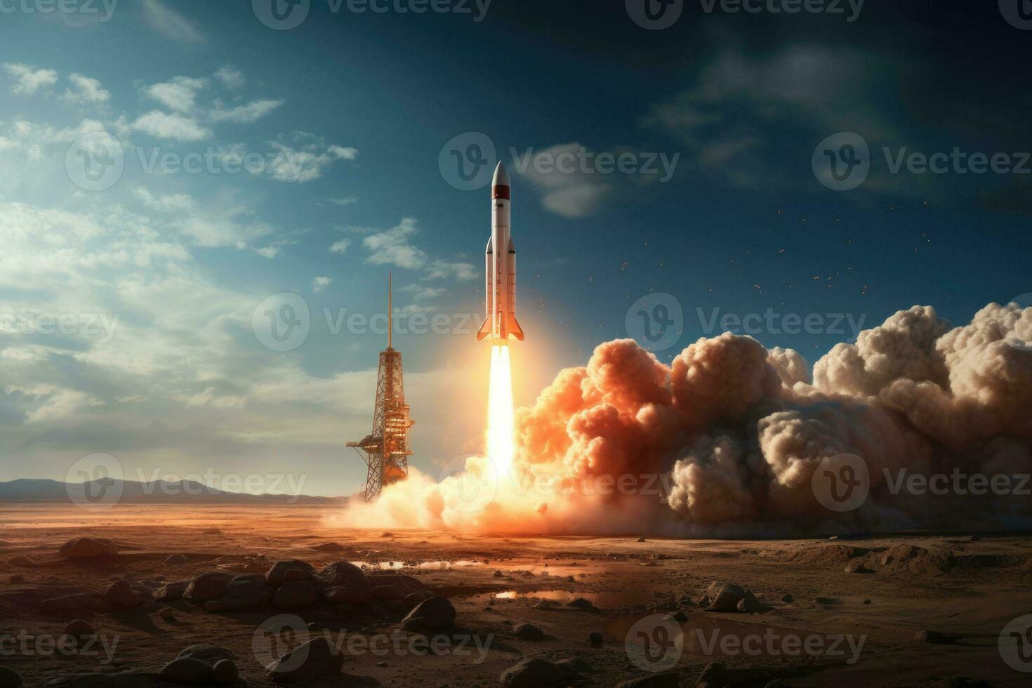 Spacecraft takes off into space from mars. Concept space travel to mars. Generative AI photo