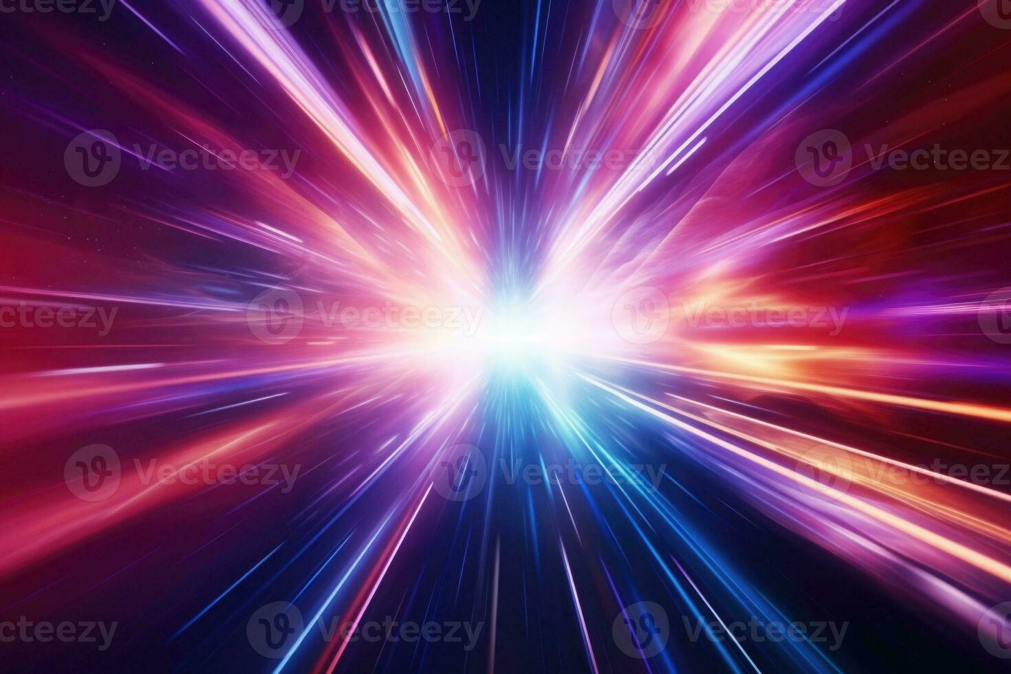 Creative cosmic hyper jump into another galaxy. Neon glowing rays in motion. Space travel concept. Generative AI photo