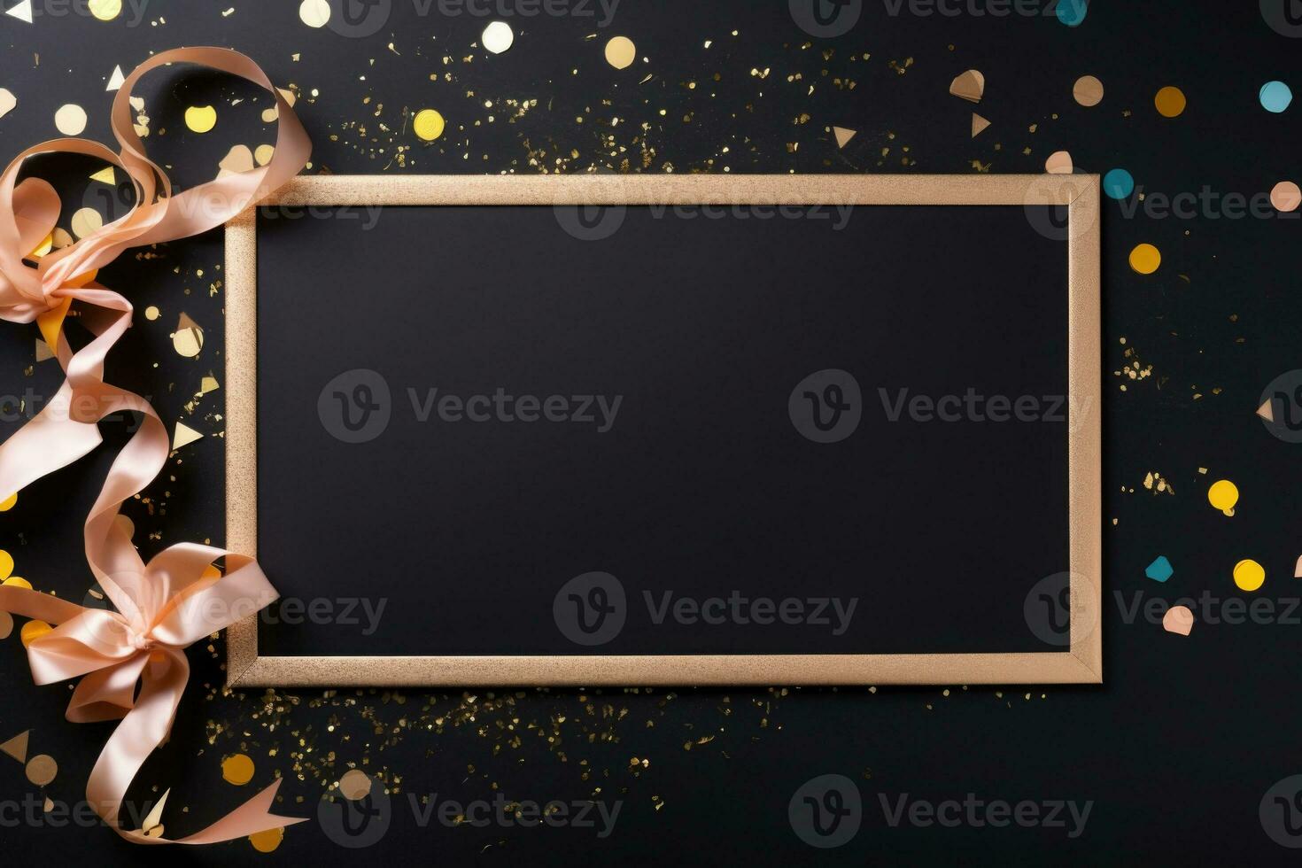 Black board, decorations and confetti on black background. AI generated photo