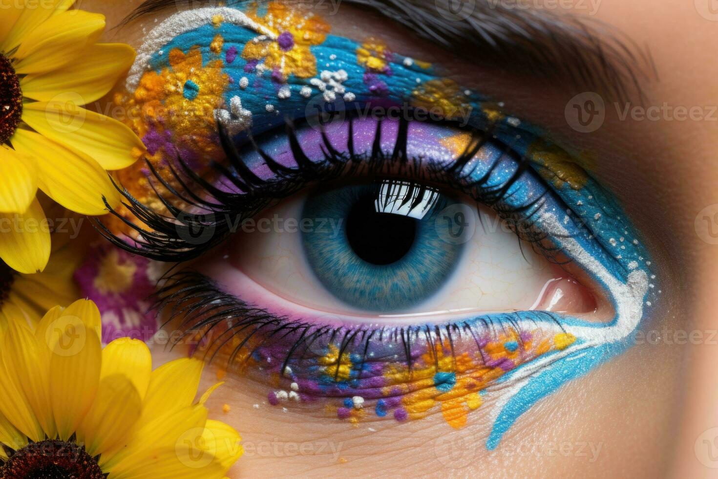 alto Moda ojo maquillaje con flores hermosa fiesta maquillaje cerca arriba. generativo ai foto