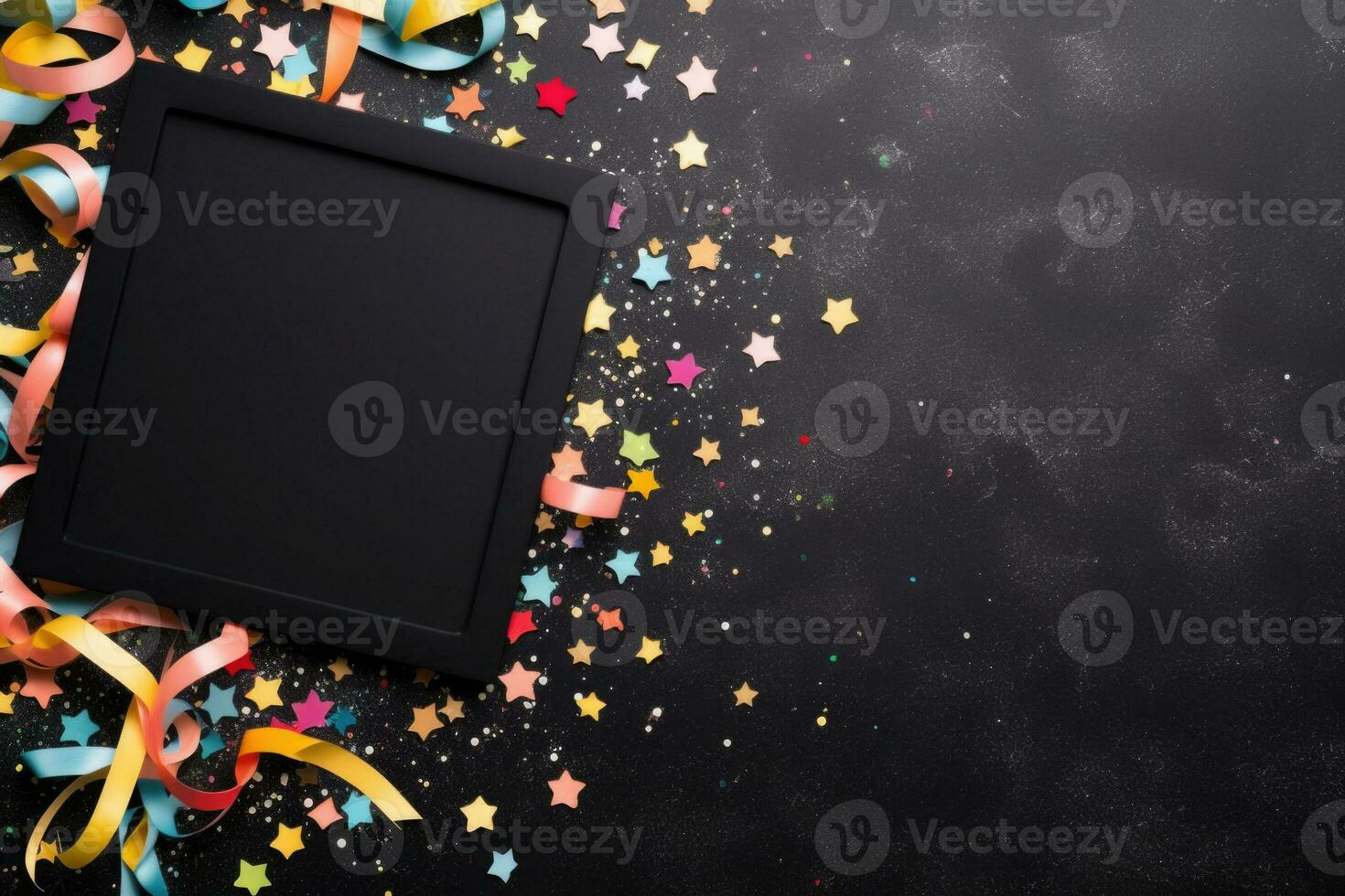 Black board, decorations and confetti on black background. AI generated photo