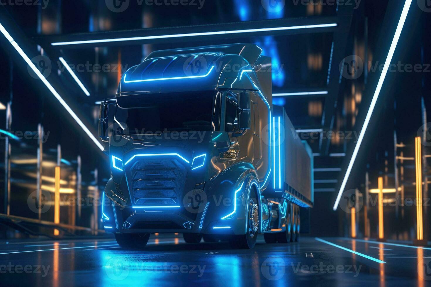 Electric truck in a futuristic environment. Truck with neon lights. Generative AI photo