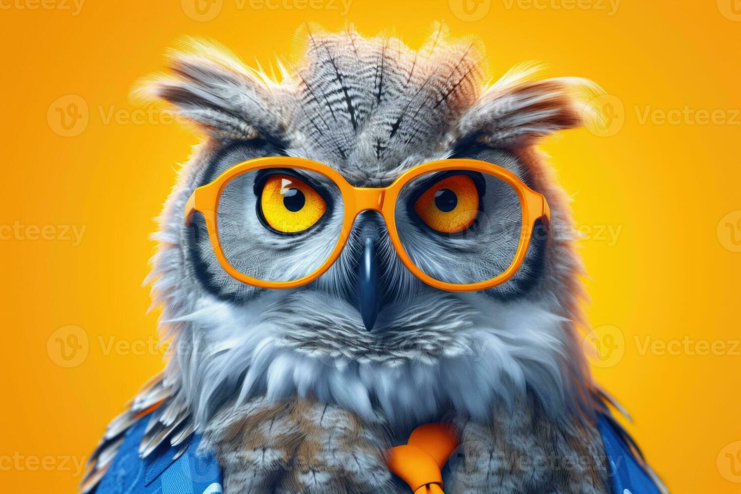 Portrait of intelligent owl wearing a pair of glasses and a tie. Bright colors. Generative AI photo