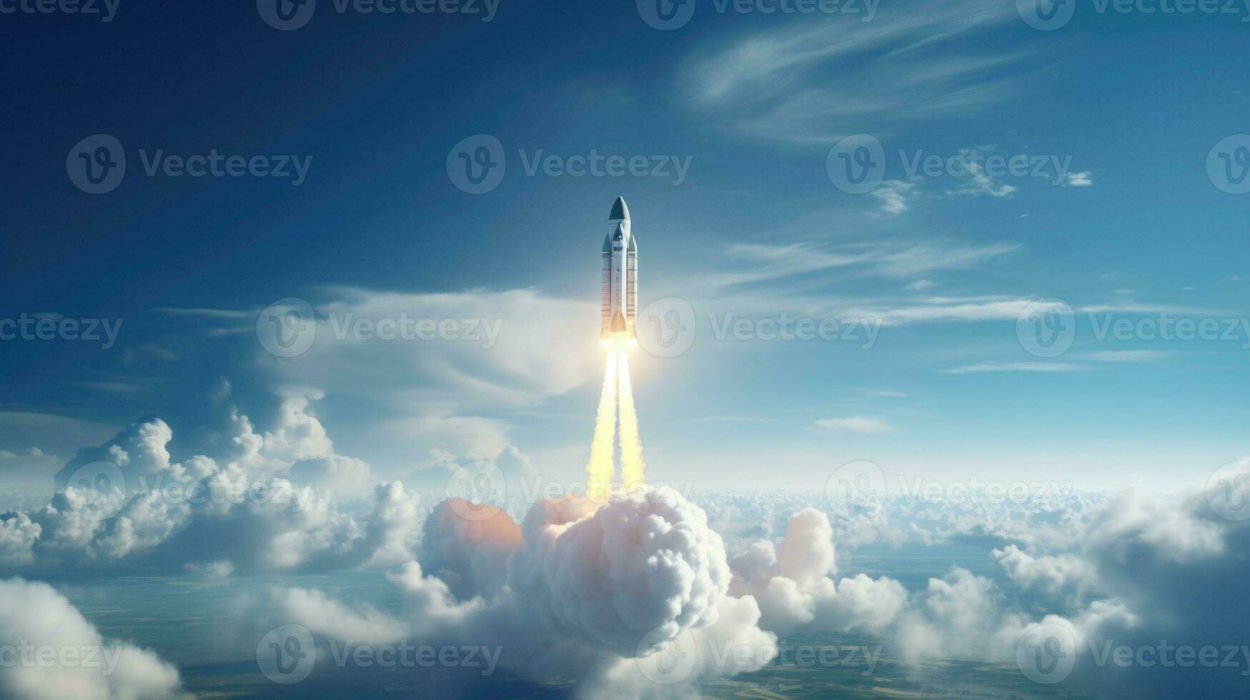 Rocket successfully launched into space. Spaceship takes off into the starry sky. Generative AI photo