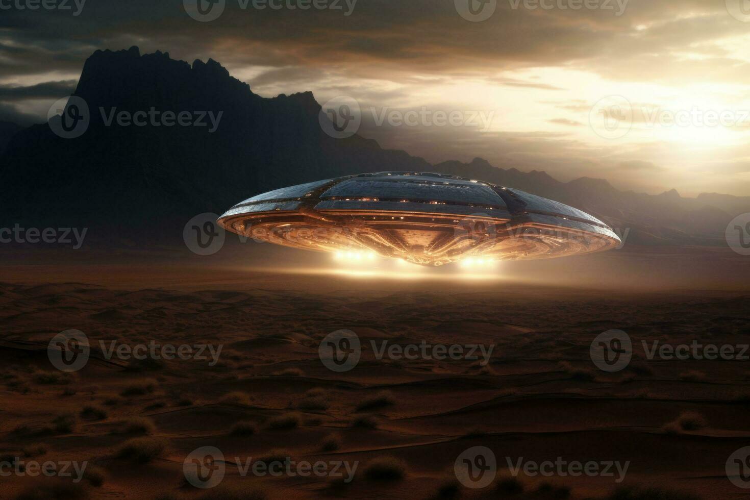 Alien ufo flying saucer. Spaceship flying over a desert. AI generated photo