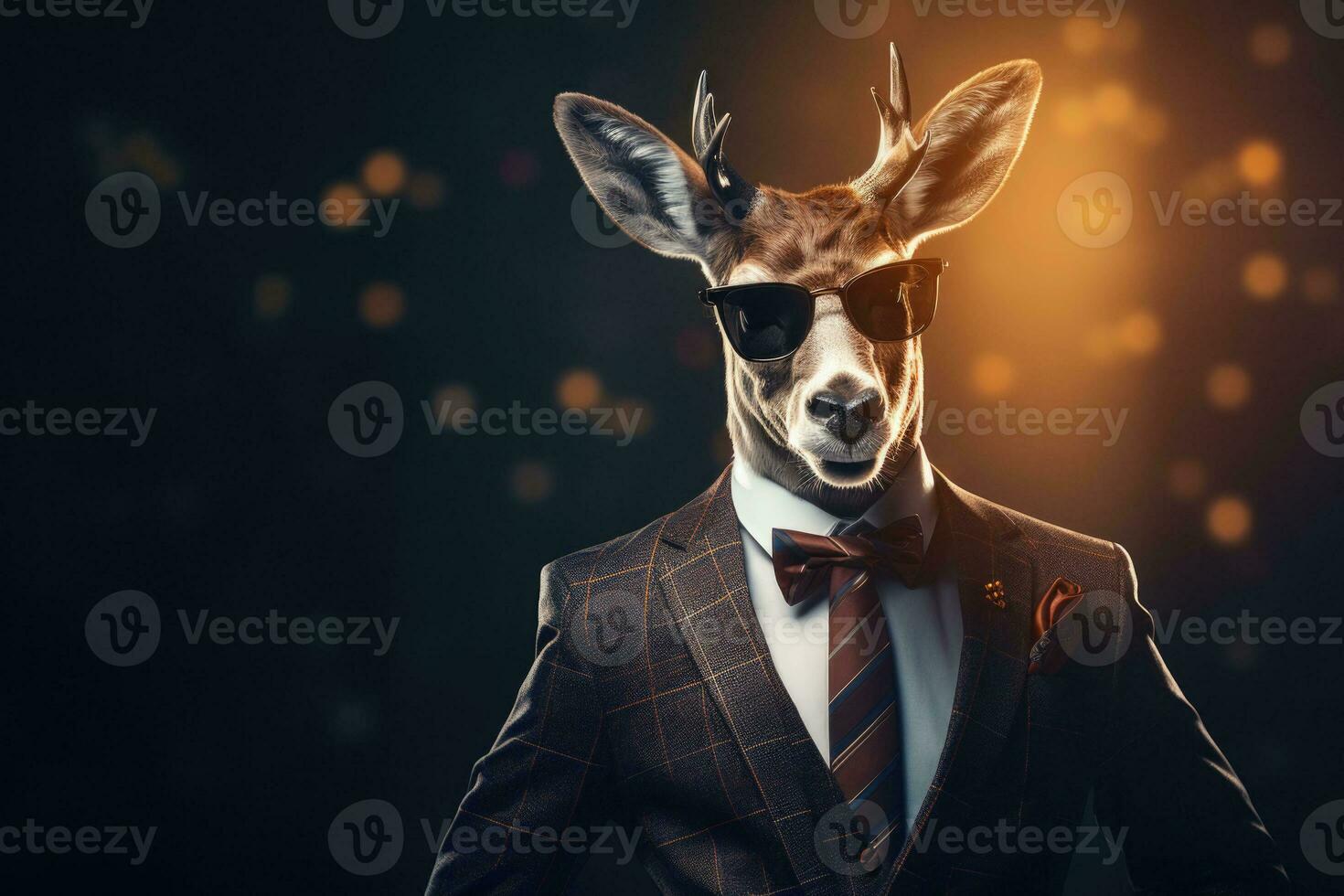 Anthropomorphic deer in sunglasses dressed in an elegant suit like a businessman. AI generated photo