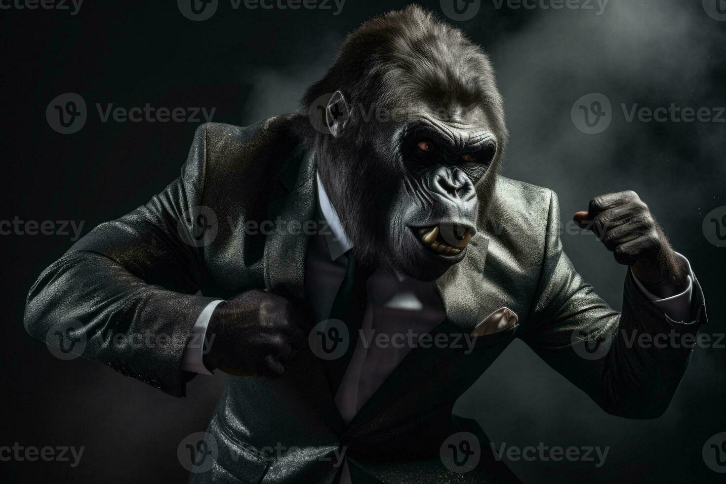 Anthropomorphic gorilla dressed in an elegant suit like a businessman. AI generated photo