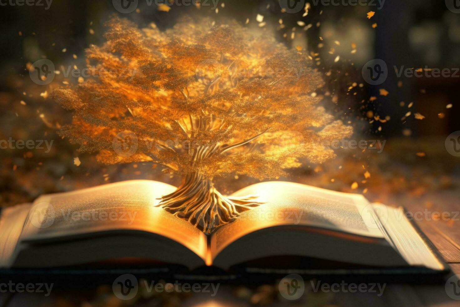 misterio libro con brillante paginas desde cuales emerge un mágico árbol con magia destellos generativo ai foto