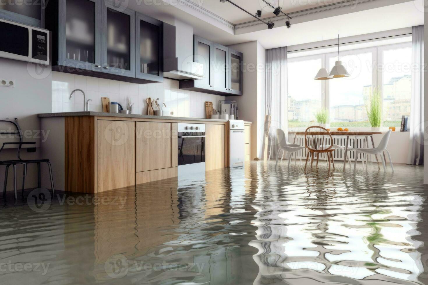 Flooded floor in kitchen from water leak. Damage. Property insurance. Generative AI photo