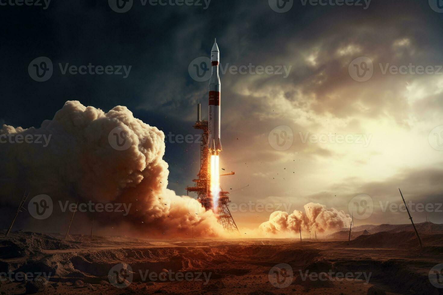 Spacecraft takes off into space from mars. Concept space travel to mars. Generative AI photo