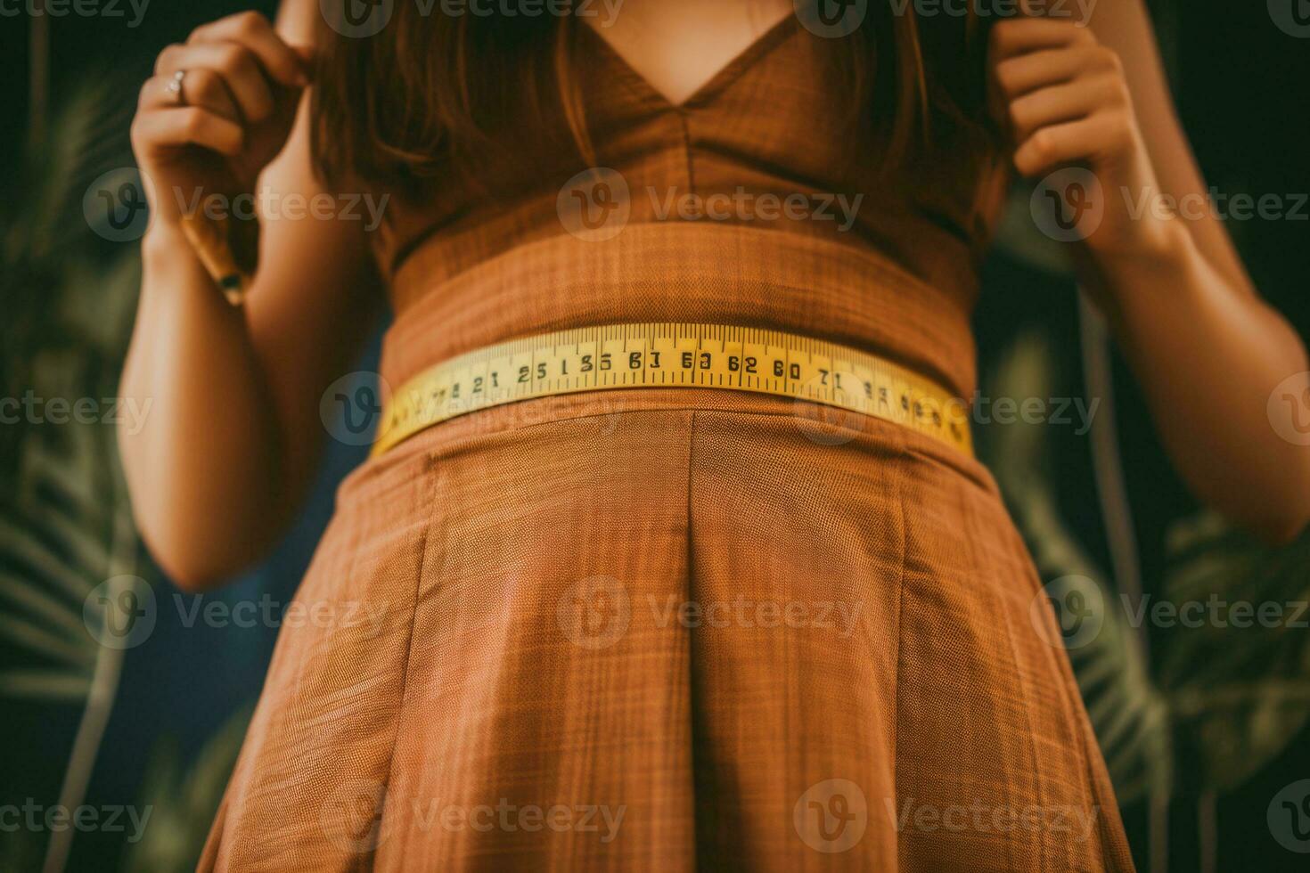 un mujer medidas su cintura con un cinta medida. generativo ai foto