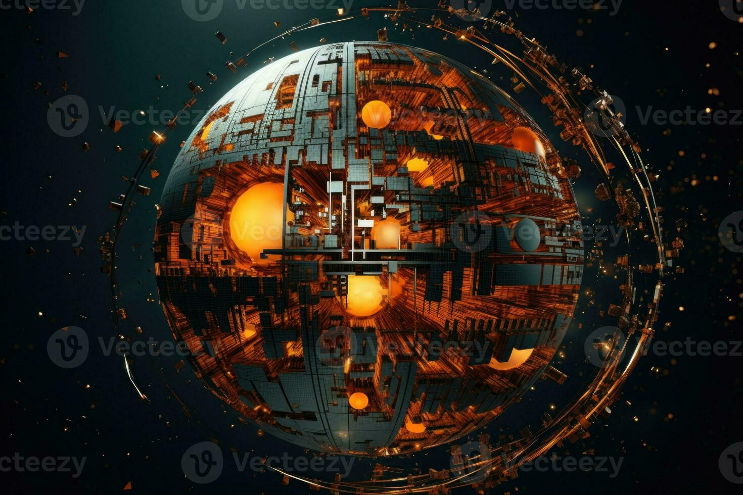 World globe in cyber world of information. Future and industry concept with communication and technology. Generative AI photo