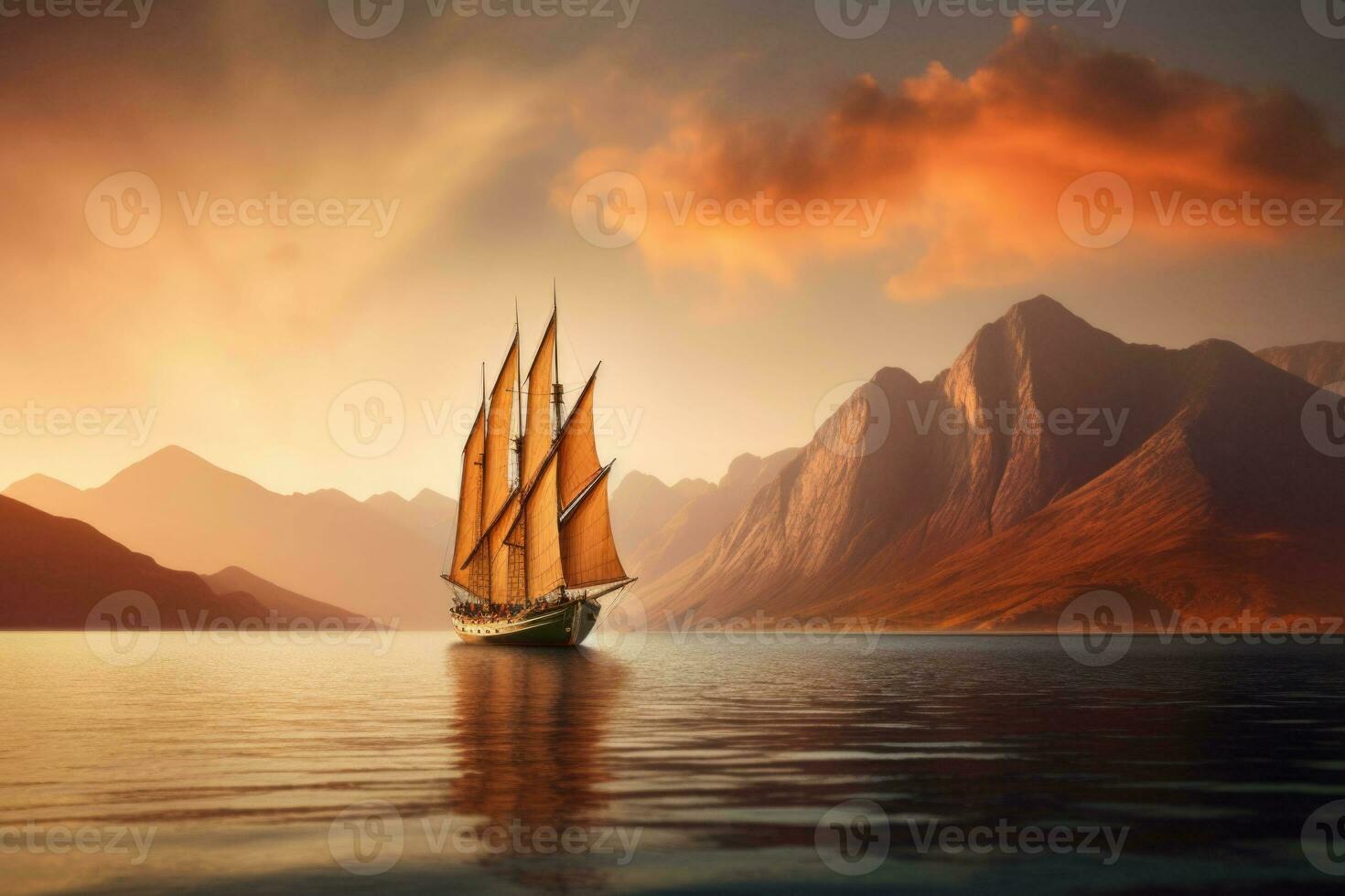 Sailboat in the sea in the evening sunlight over beautiful big mountains background. Generative AI photo