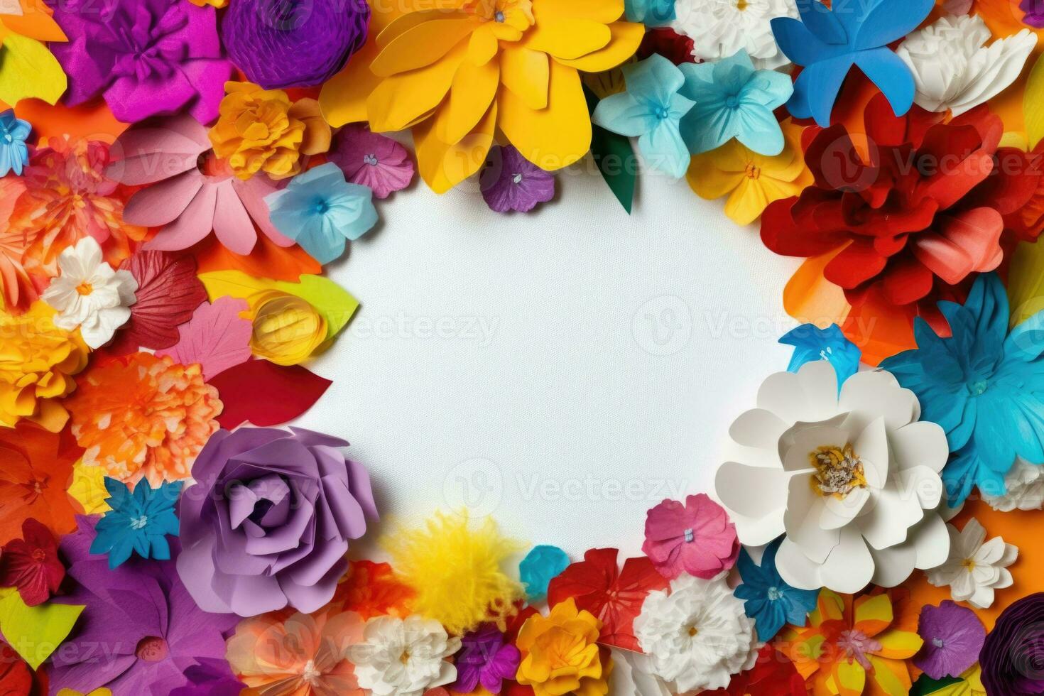 Colorful flowers made of paper with white sheet of paper. Frame in flowers. Mockup. Generative AI photo