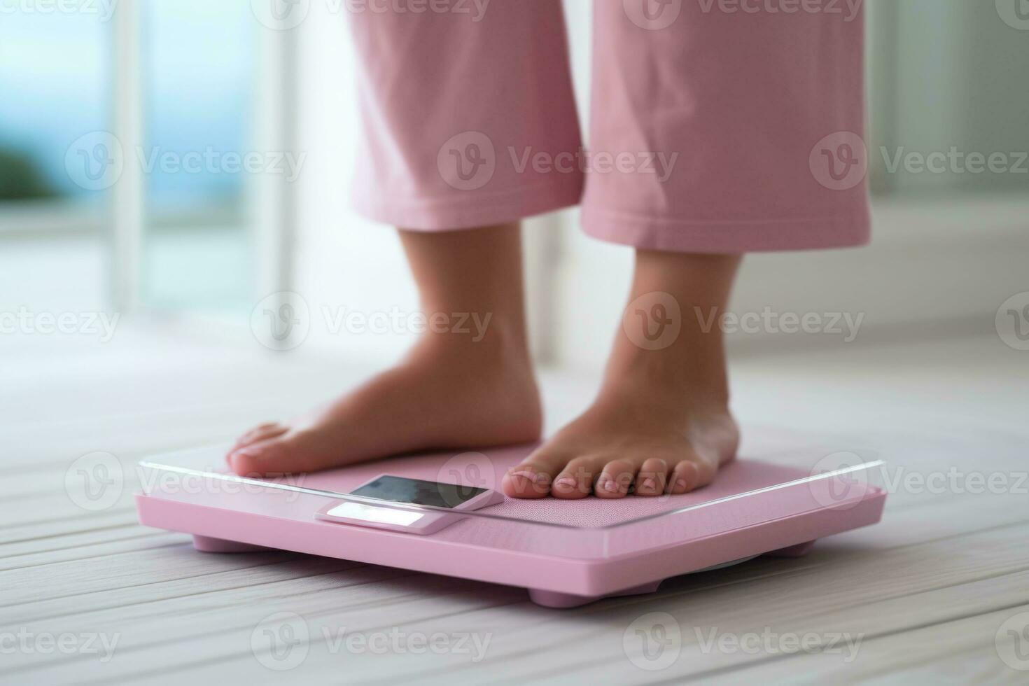 Barefoot woman standing on digital weight and body fat scales on bathroom floor. Generative AI photo