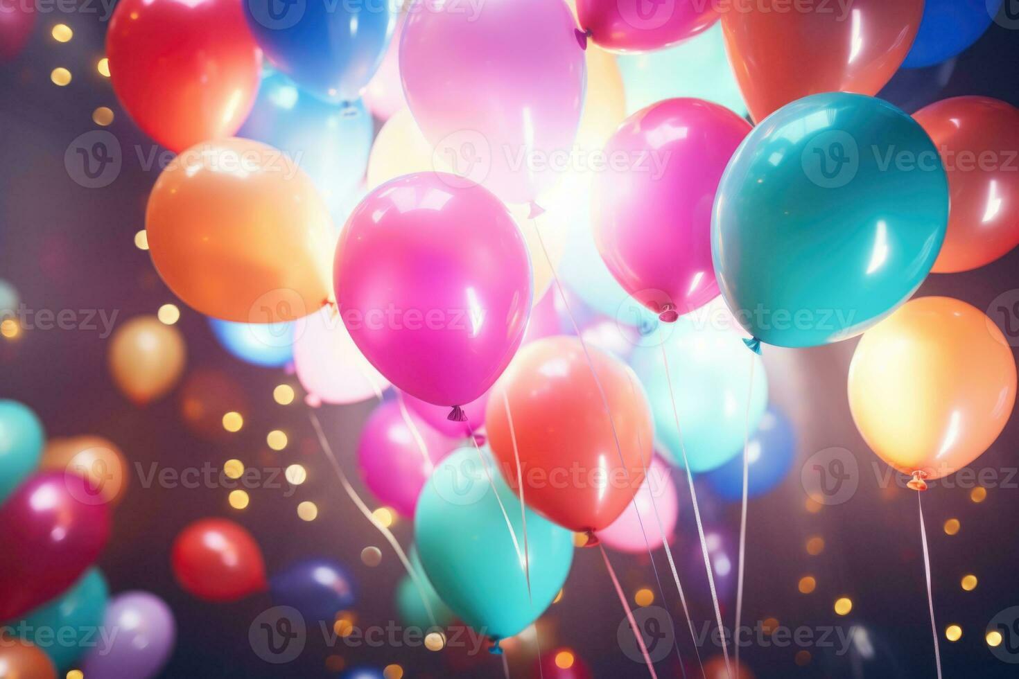 A bunch of colorful balloons with happy celebration party background. AI generated photo