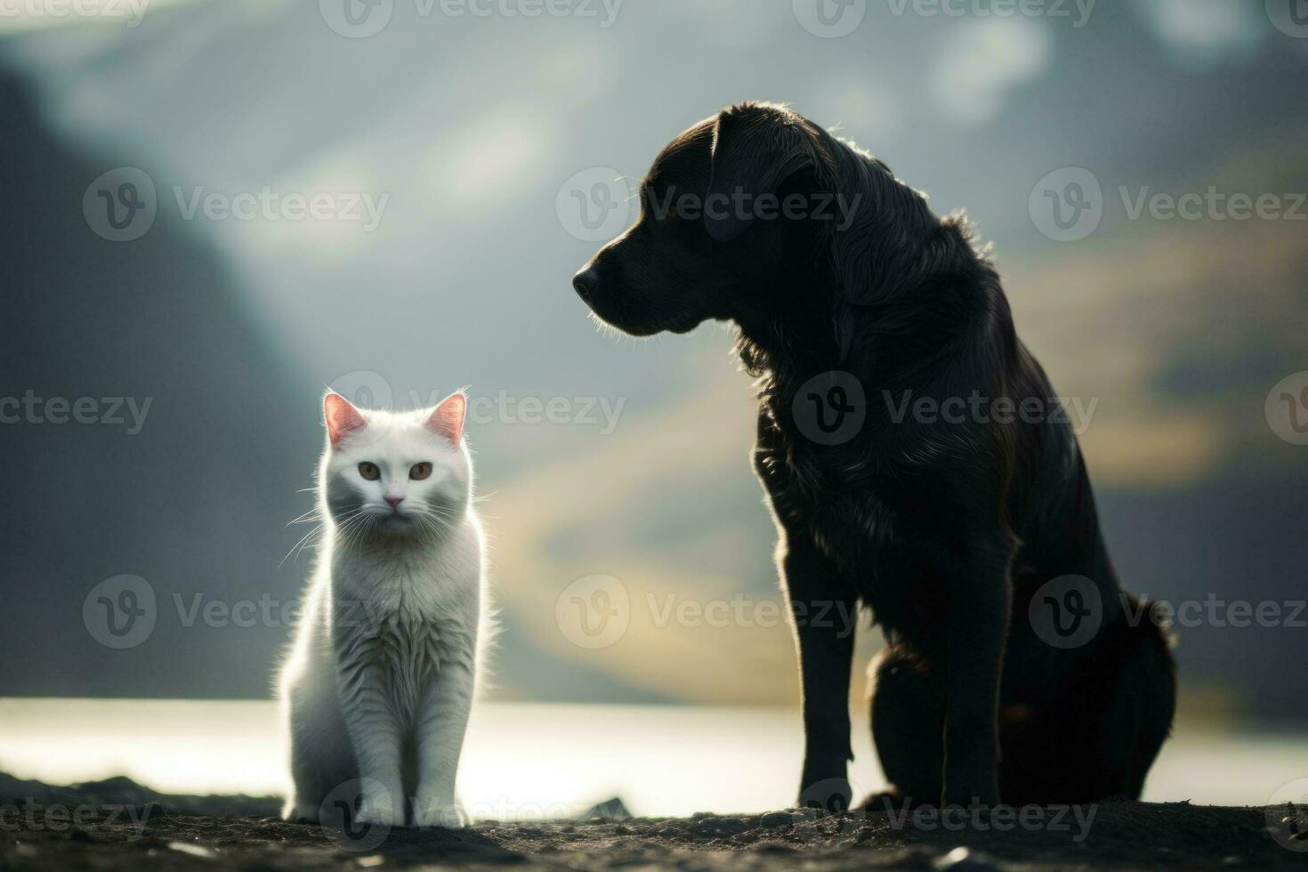 blanco gato y negro perro juntos. mejor amigos. ai generado foto
