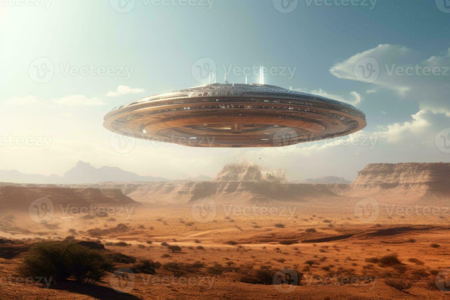 Alien ufo flying saucer. Spaceship flying over a desert. AI generated photo