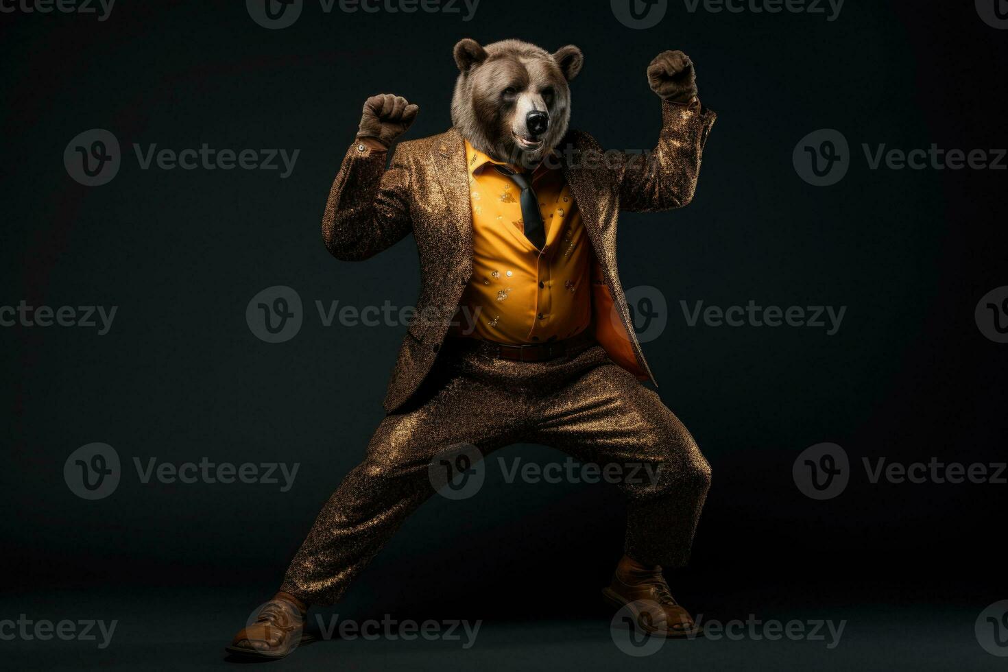 Anthropomorphic bear dressed in an elegant suit like a businessman. AI generated photo