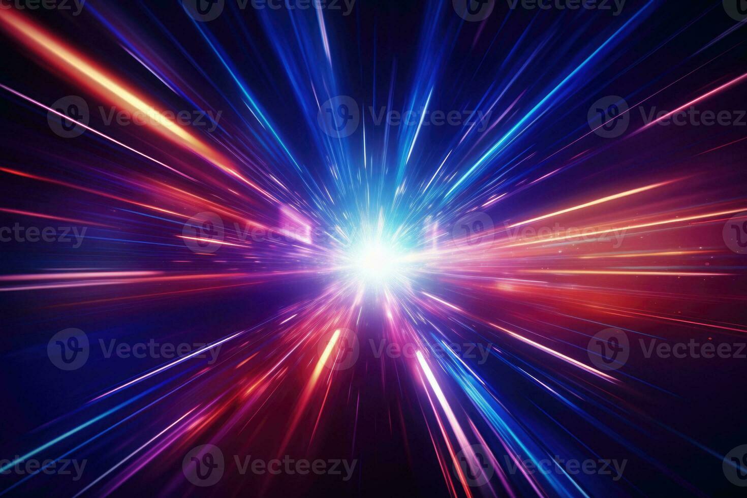 Creative cosmic hyper jump into another galaxy. Neon glowing rays in motion. Space travel concept. Generative AI photo
