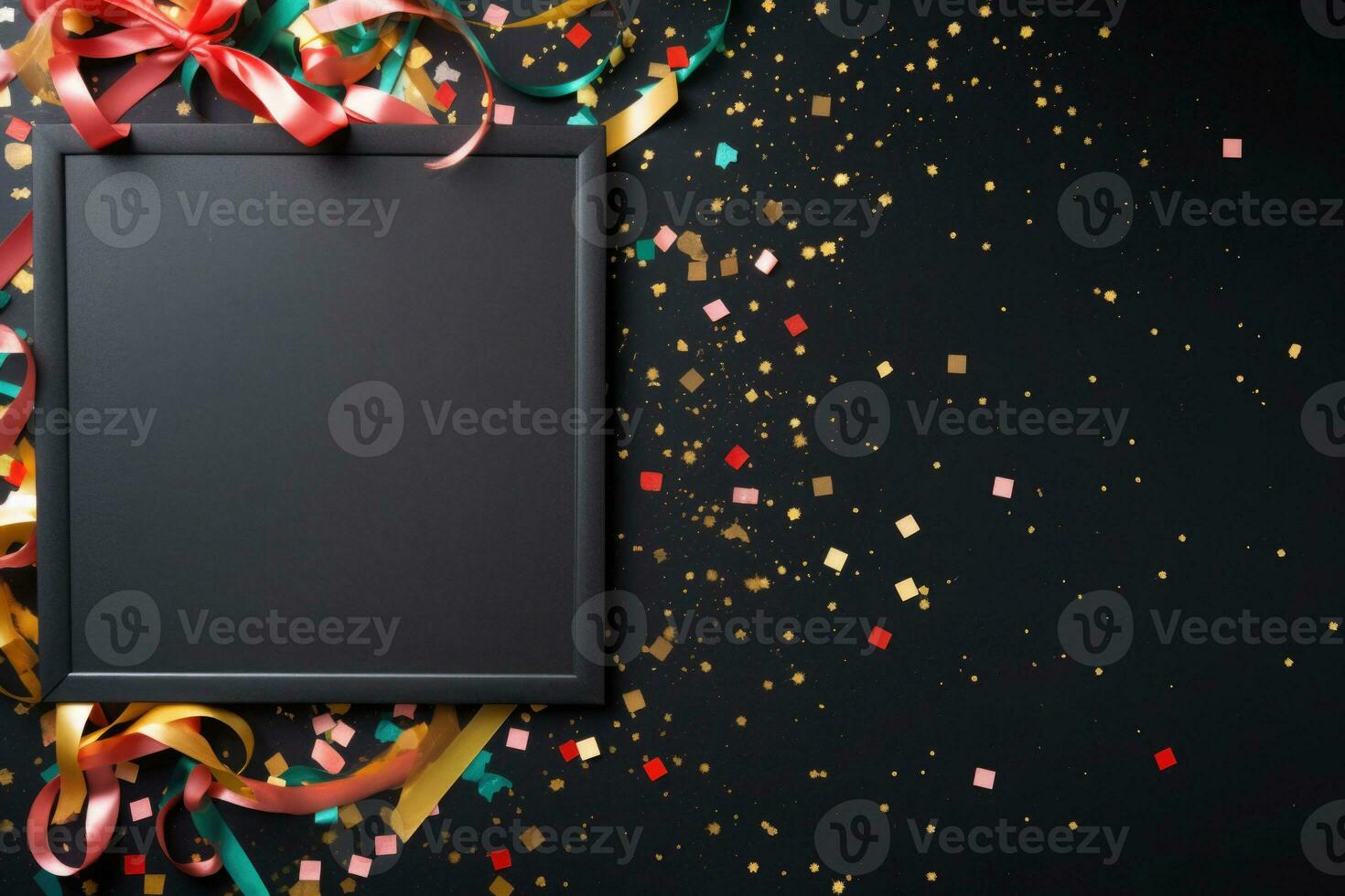 Black board, decorations and confetti on black background. AI generated photo