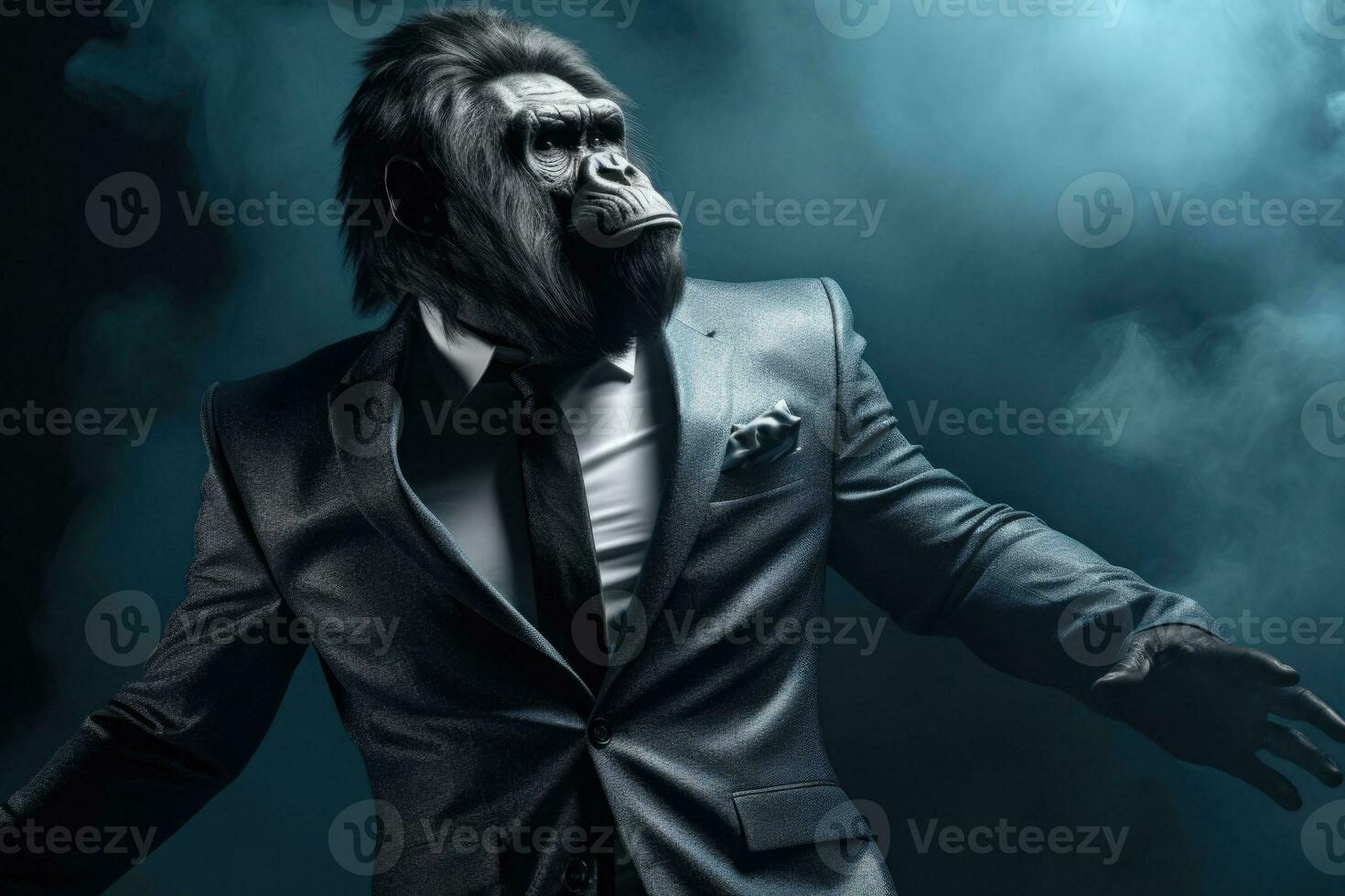Anthropomorphic gorilla dressed in an elegant suit like a businessman. AI generated photo