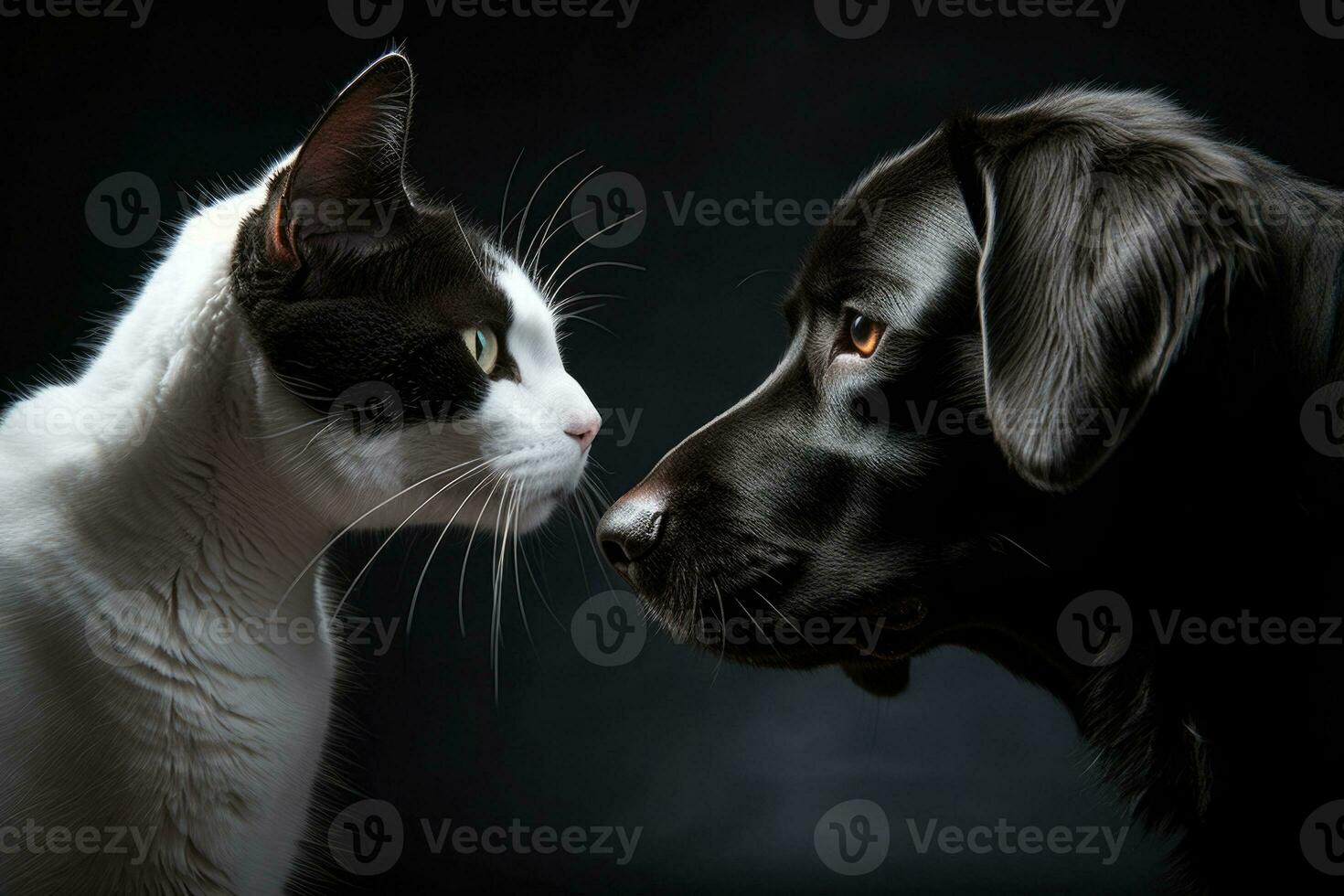 blanco gato y negro perro juntos. mejor amigos. ai generado foto