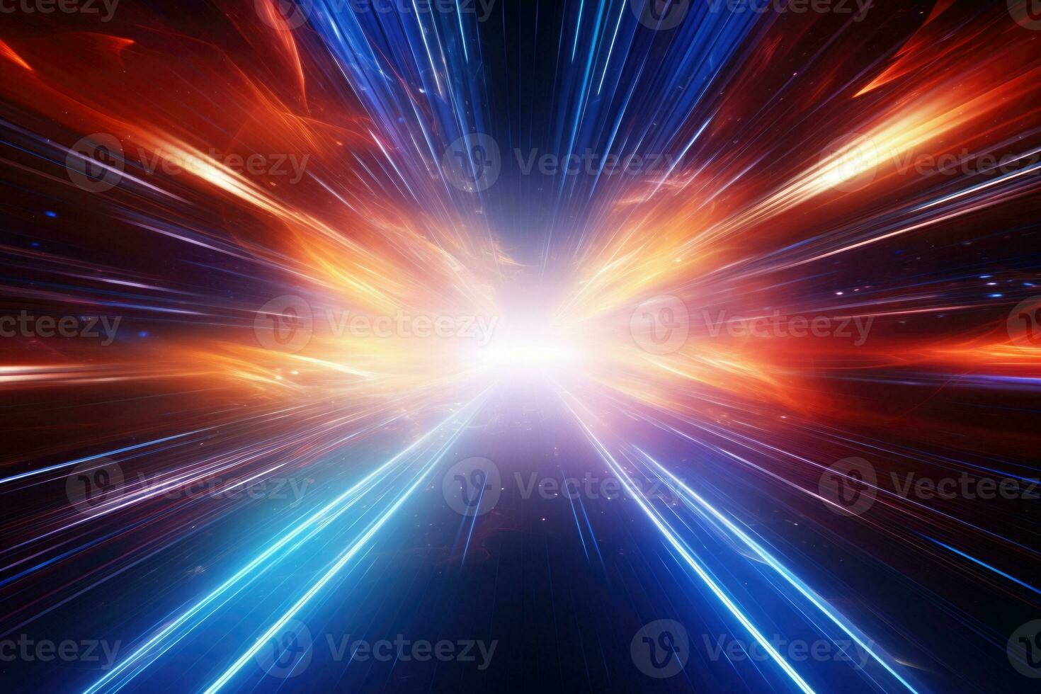 Creative cosmic hyper jump into another galaxy. Neon glowing rays in motion. Space travel concept. Generative AI photo