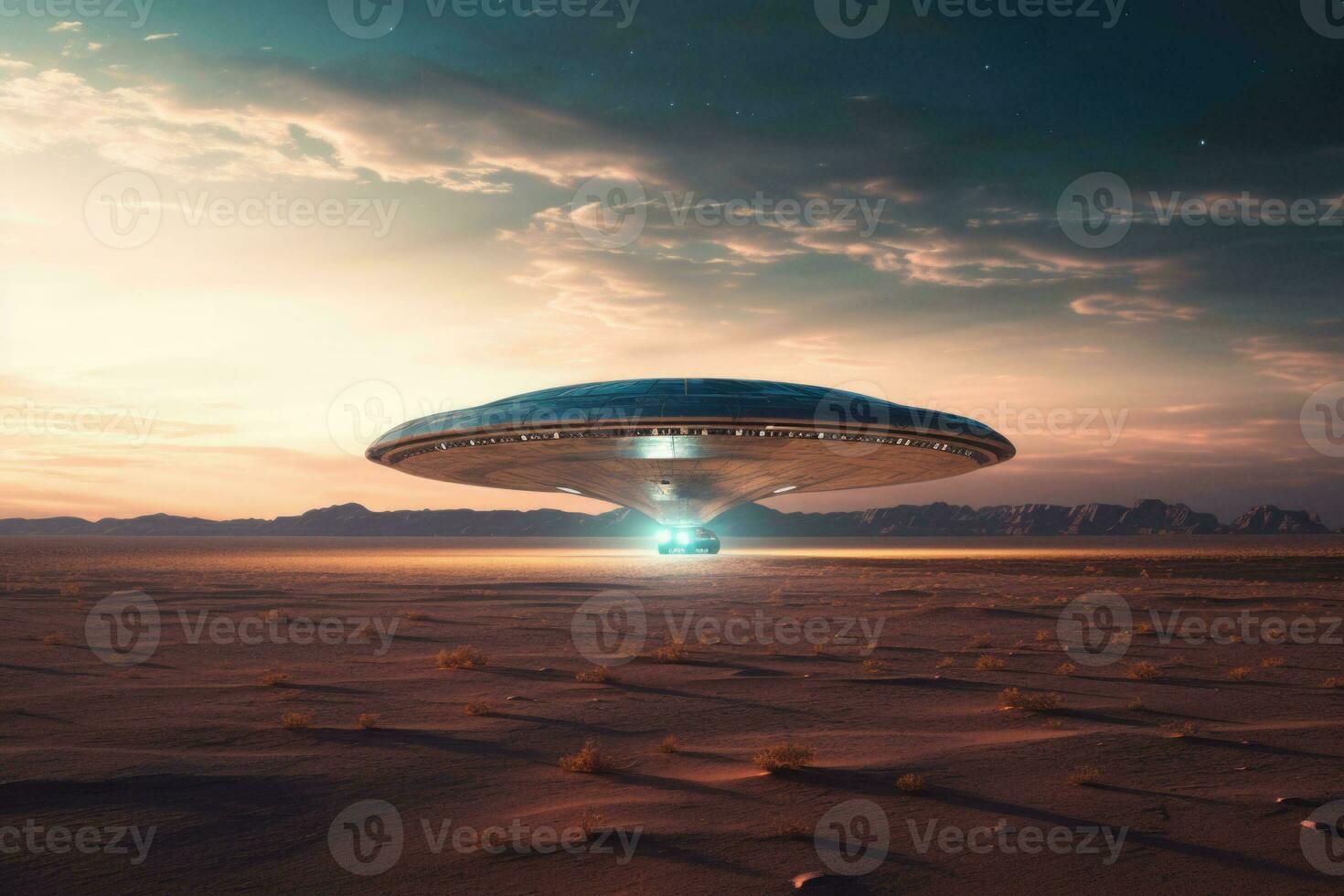 Alien ufo flying saucer. Spaceship flying over a desert. AI generated photo