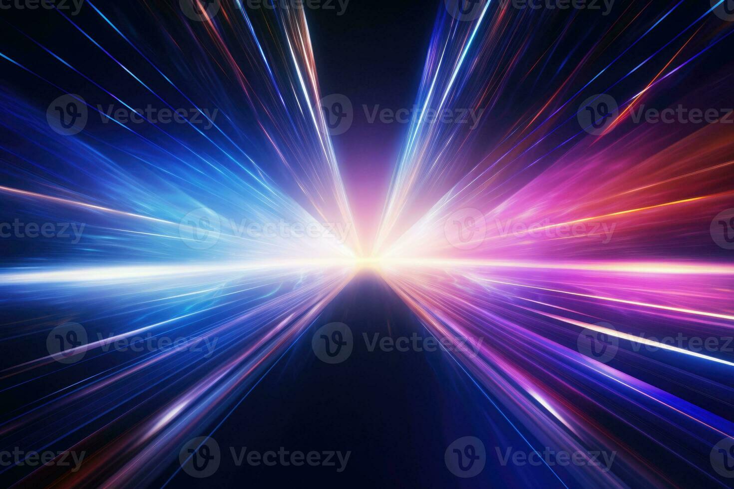 Creative cosmic hyper jump into another galaxy. Neon glowing rays in motion. Space travel concept. Generative AI photo