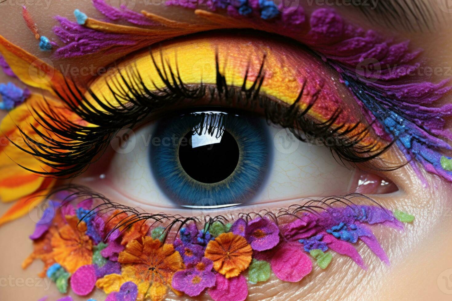 alto Moda ojo maquillaje con flores hermosa fiesta maquillaje cerca arriba. generativo ai foto