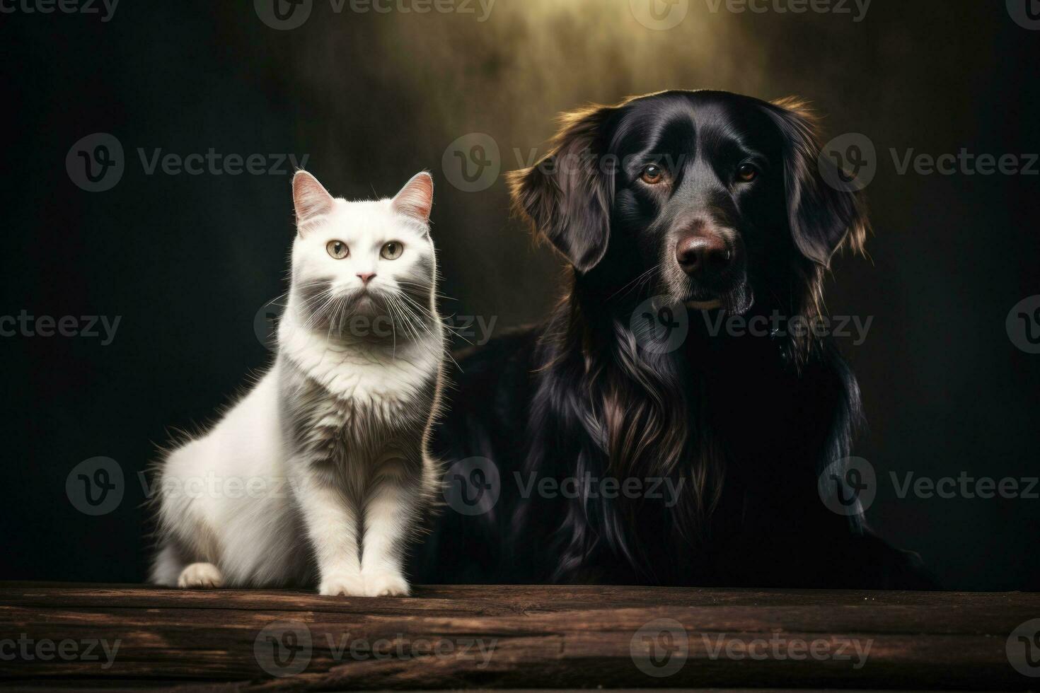 White cat and black dog together. Best friends. AI generated photo