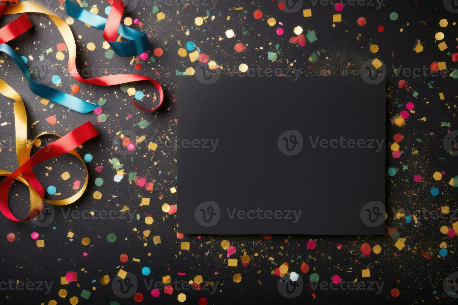 Black board, decorations and confetti on black background. AI generated photo