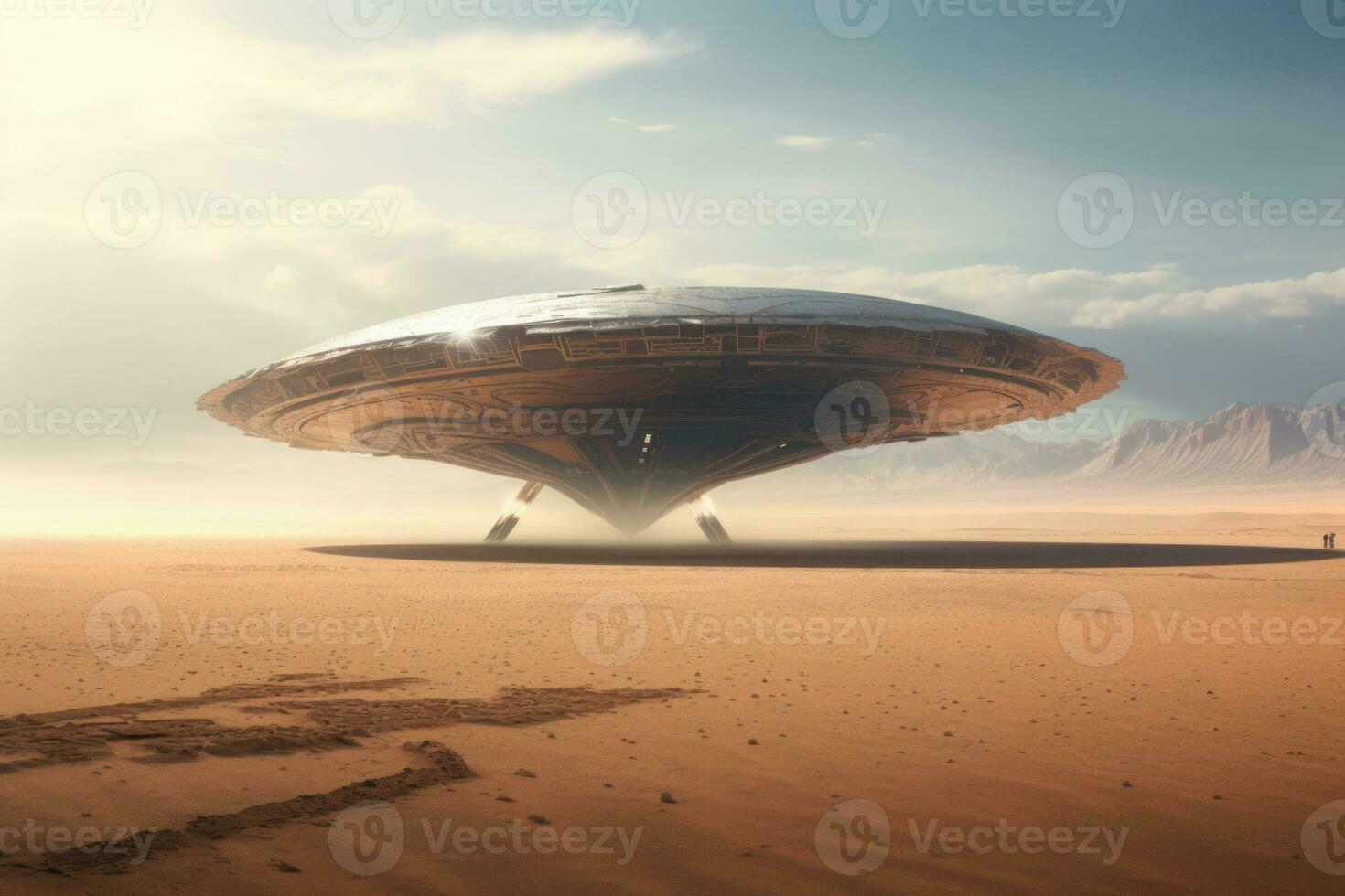 Alien ufo flying saucer. Spaceship flying over a desert. AI generated photo