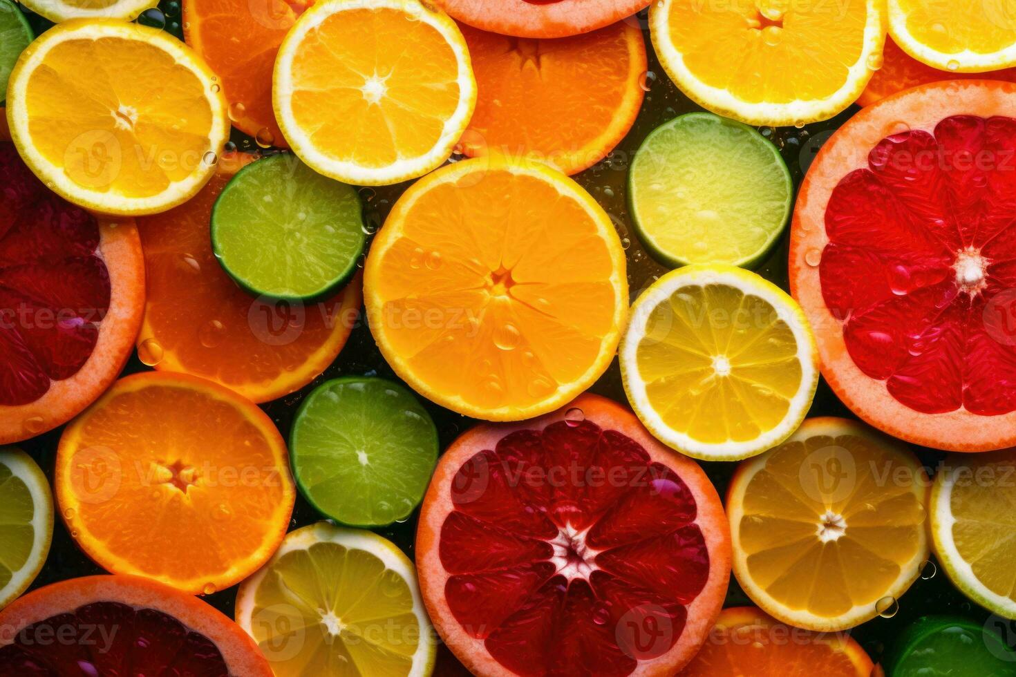 Fresh slices of different types of citrus orange, lime, lemon, grapefruit. Generative AI photo