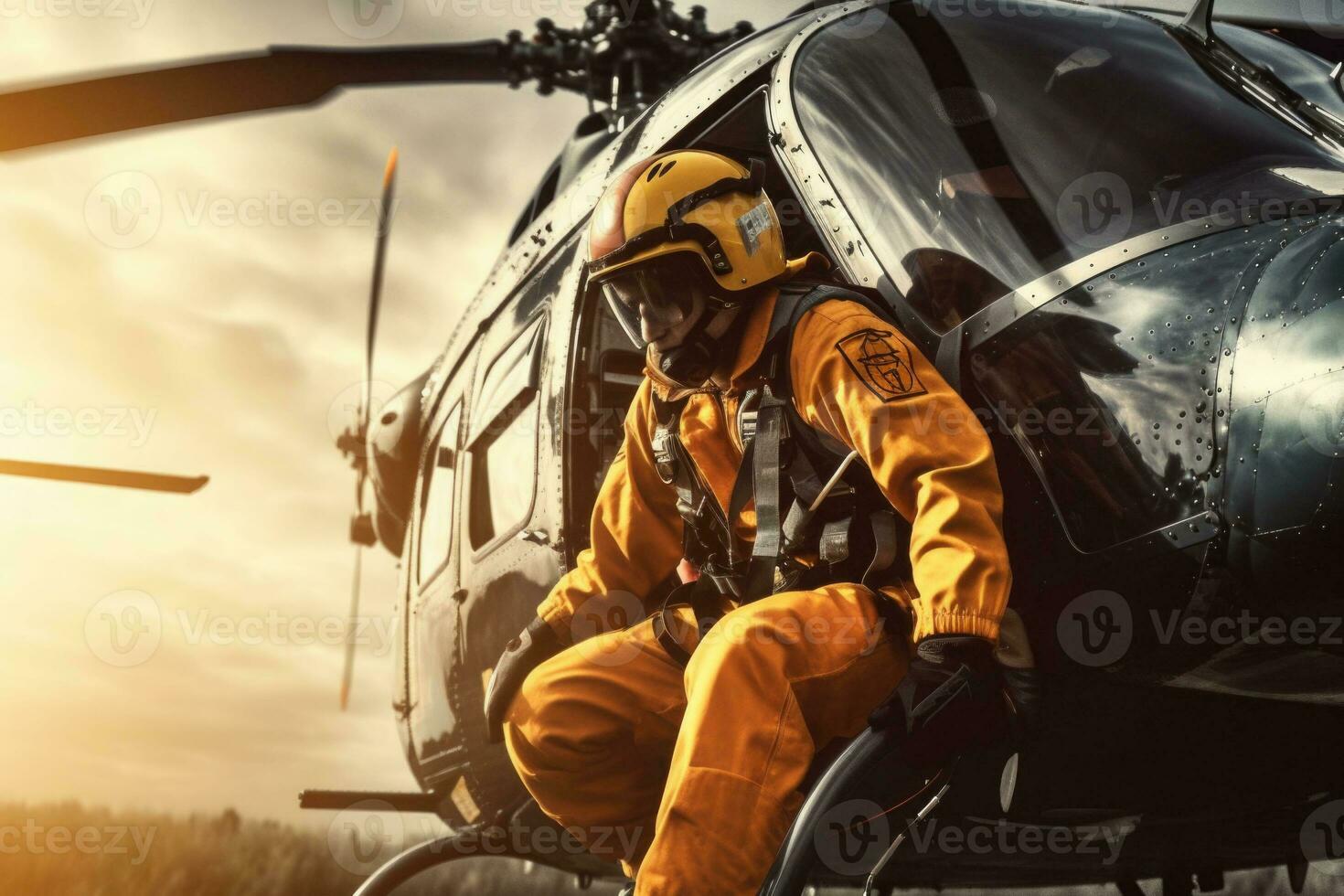 Medical first aid helicopter. Rescue a person. Generative AI photo