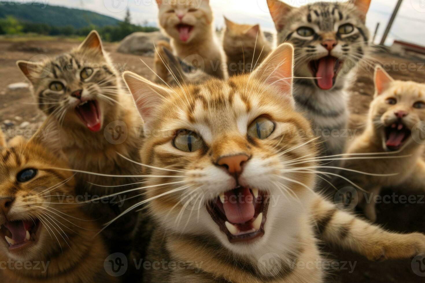 un grupo de gatos tomando un selfie en un borroso antecedentes. generativo ai foto