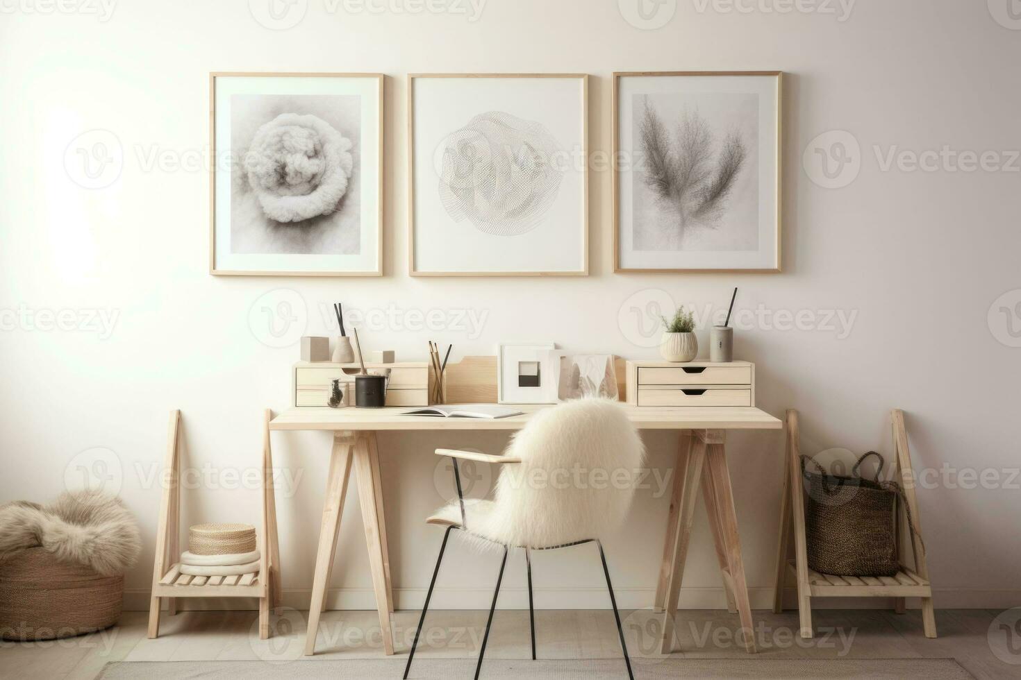 White home office design in scandinavian style. Workspace with poster, chair and modern furniture. Generative AI photo