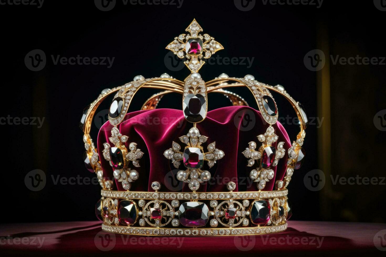 dorado decorado reina corona con diamantes costoso joyas. magia corona, cerca arriba. generativo ai foto