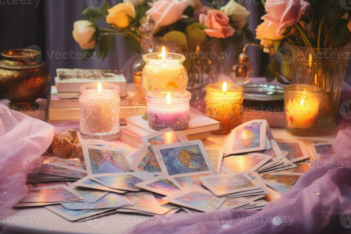 A pile of tarot cards scattered across a table top, burning candles, witch magic elements in pastel colors. Fortune telling, tarot predictions. Generative AI photo