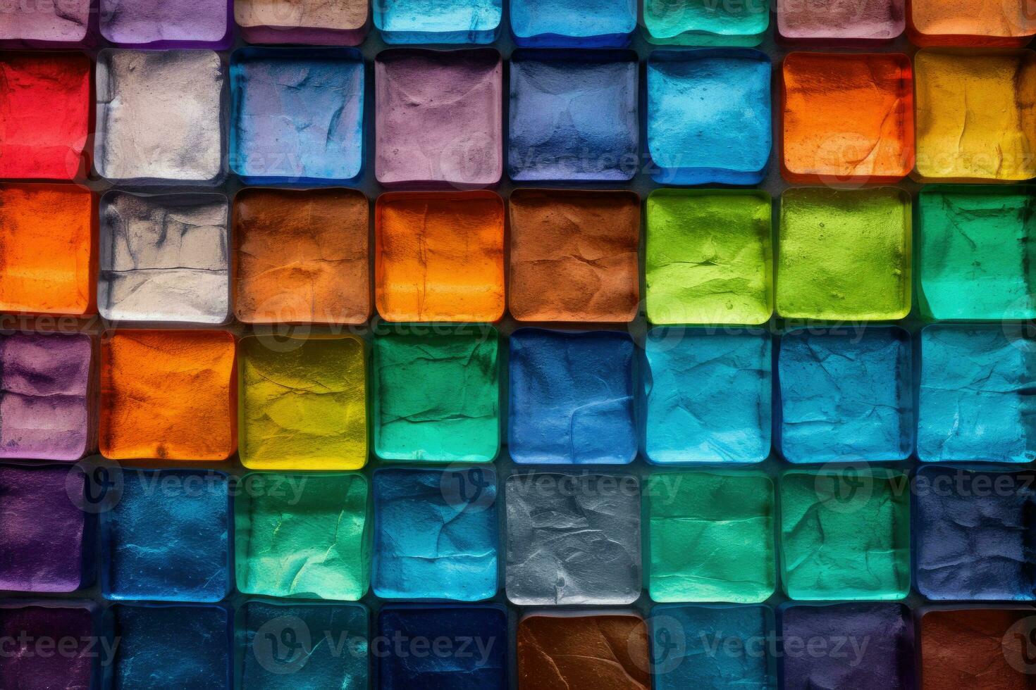 Colorful glass block wall texture. Shiny transparent thick glass tiles with seams background. Generative AI photo