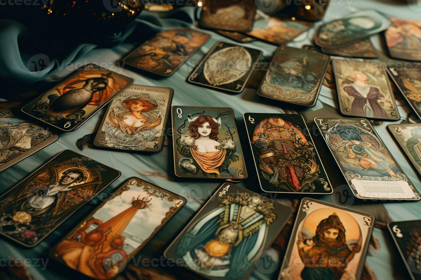 un pila de tarot tarjetas dispersado a través de un mesa cima. esotérico antecedentes. fortuna narración, tarot predicciones generativo ai foto