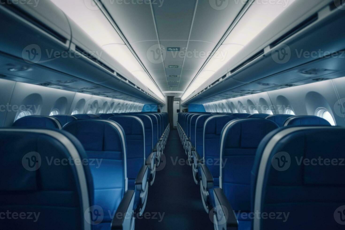 Interior of modern aircraft with flight seats and hallway in daytime during flight. Generative AI photo