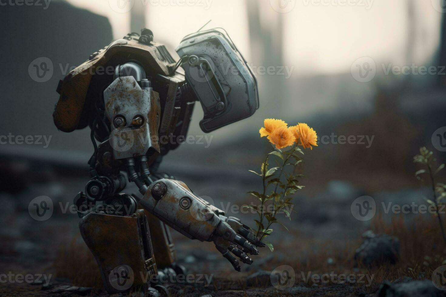 A robot smelling a flower in dark post apocalyptic scenery. Generative AI photo