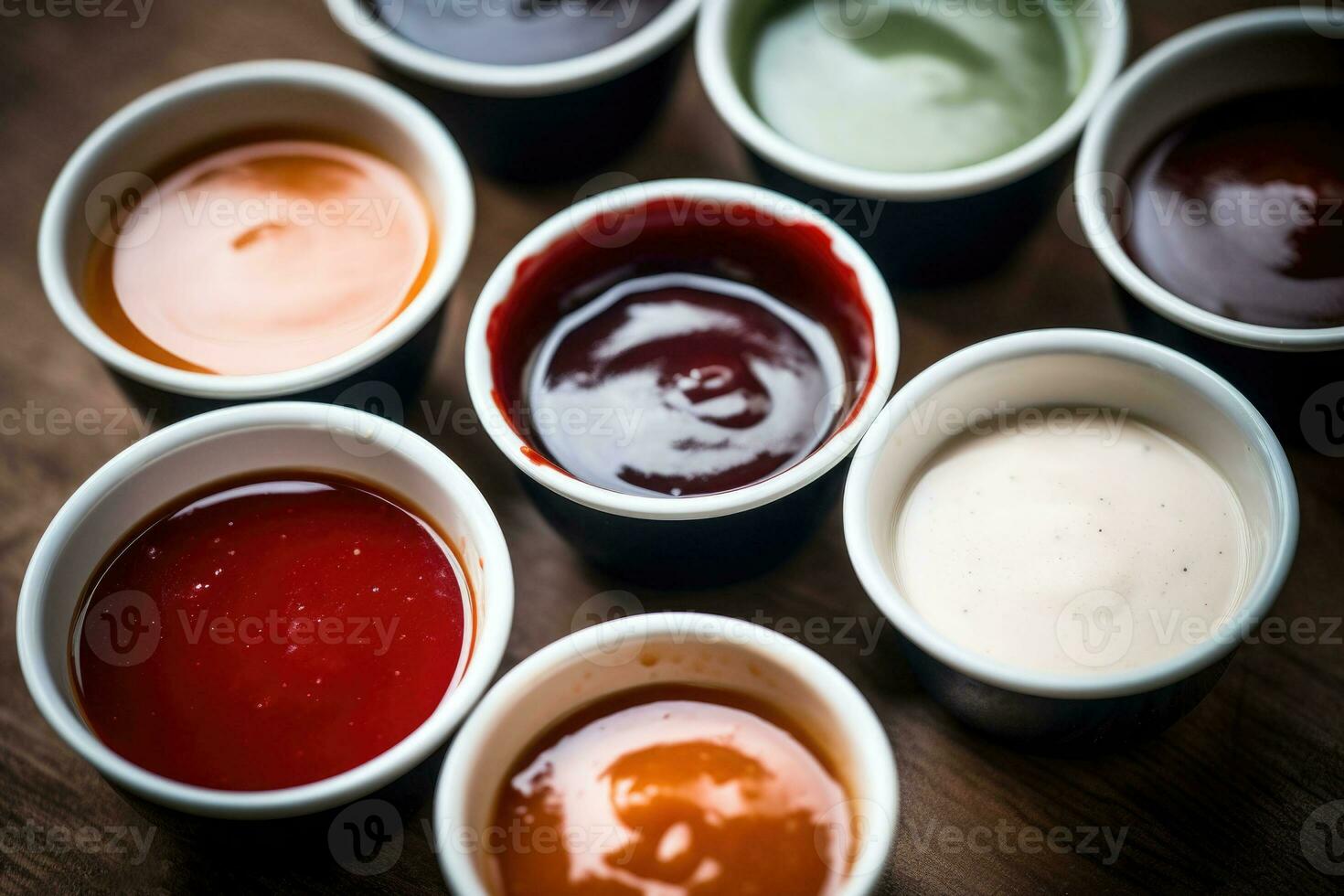 Set of different bowls of various dip sauces. Top view. Generative AI photo
