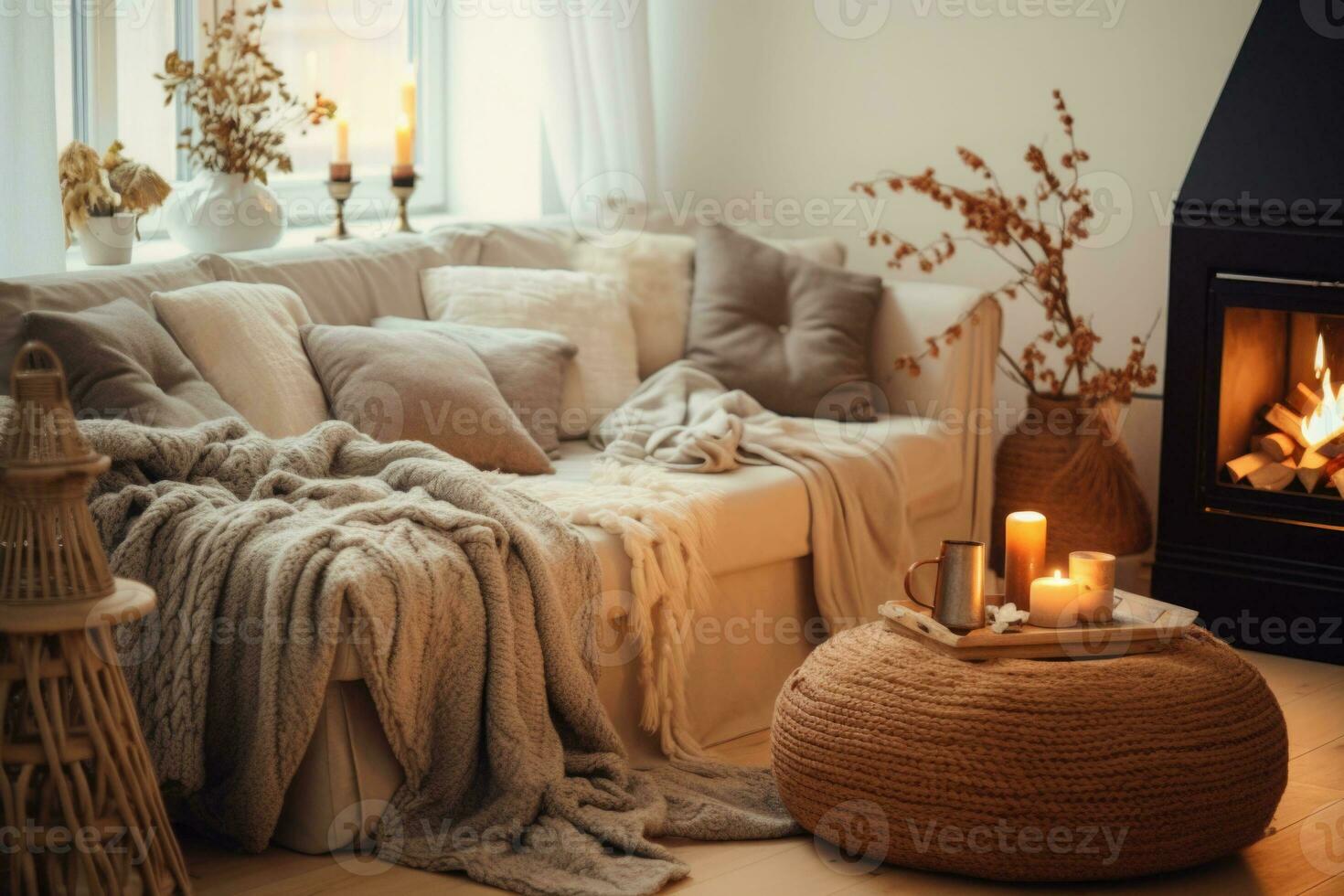 Cozy living room with throw blankets and cushions, simple composition. Generative AI photo